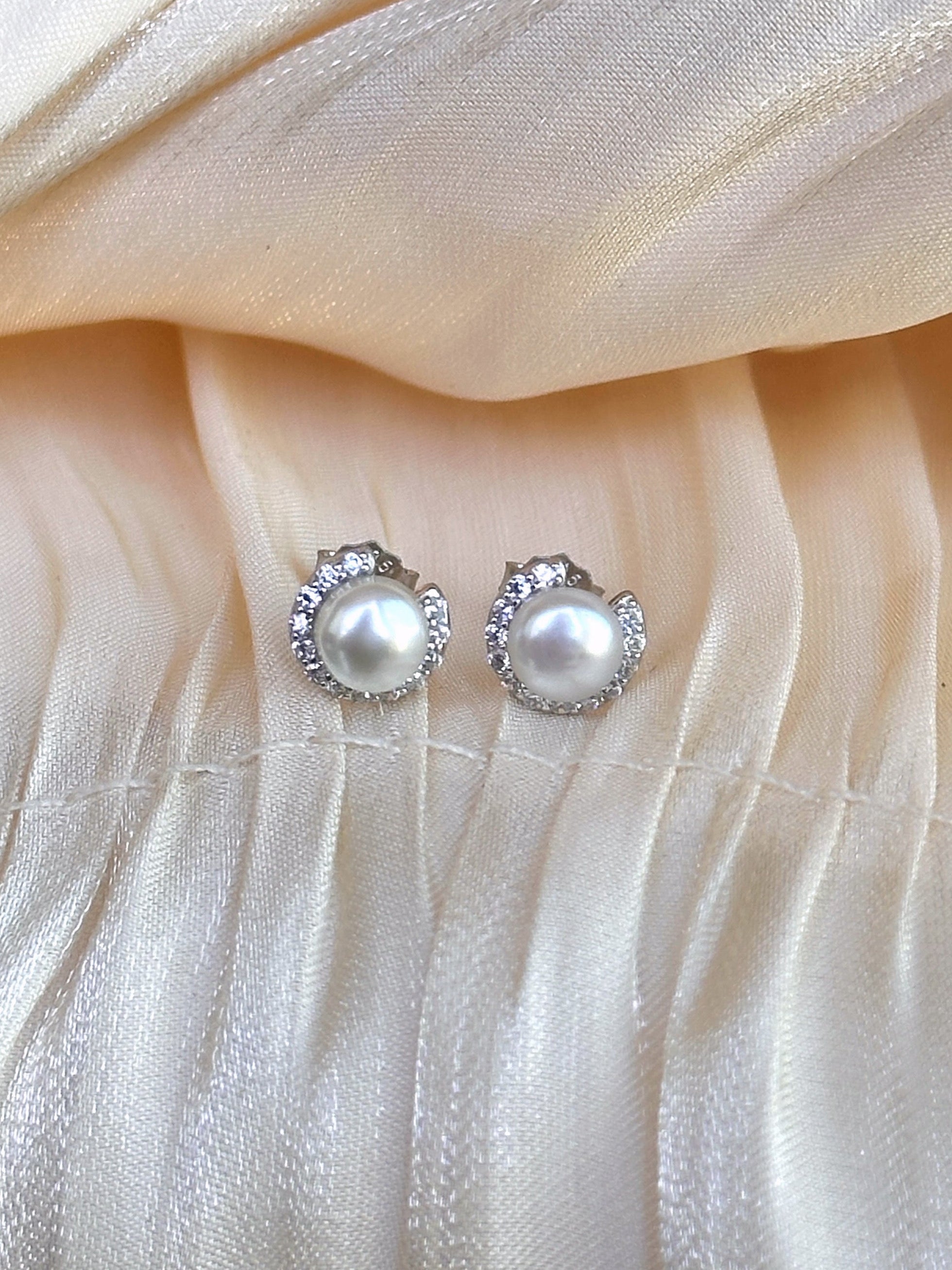 Ethereal Crescent Pearl Stud Earrings
