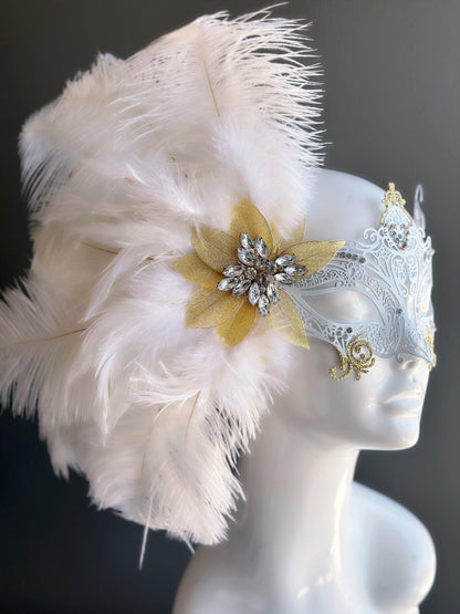 Luxury Feather Mask - White/Gold