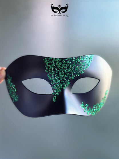Mens Black Mask with Green Filigree