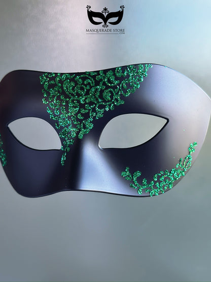 Mens Black Mask with Green Filigree