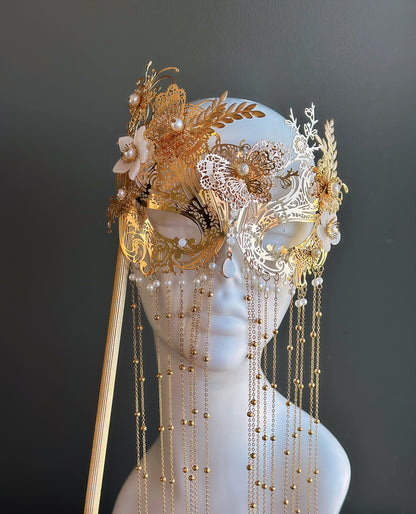 Gold Butterfly Masquerade Mask with Pearl Chain Fringe