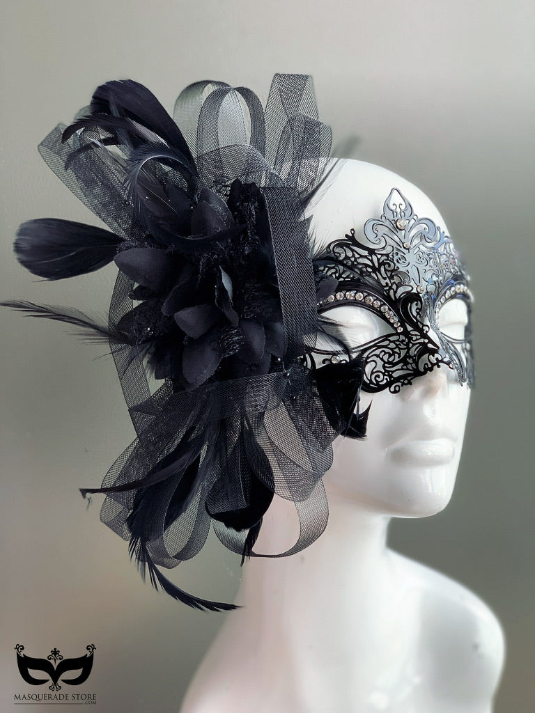 Elegant Venetian Black Mask with Feathers