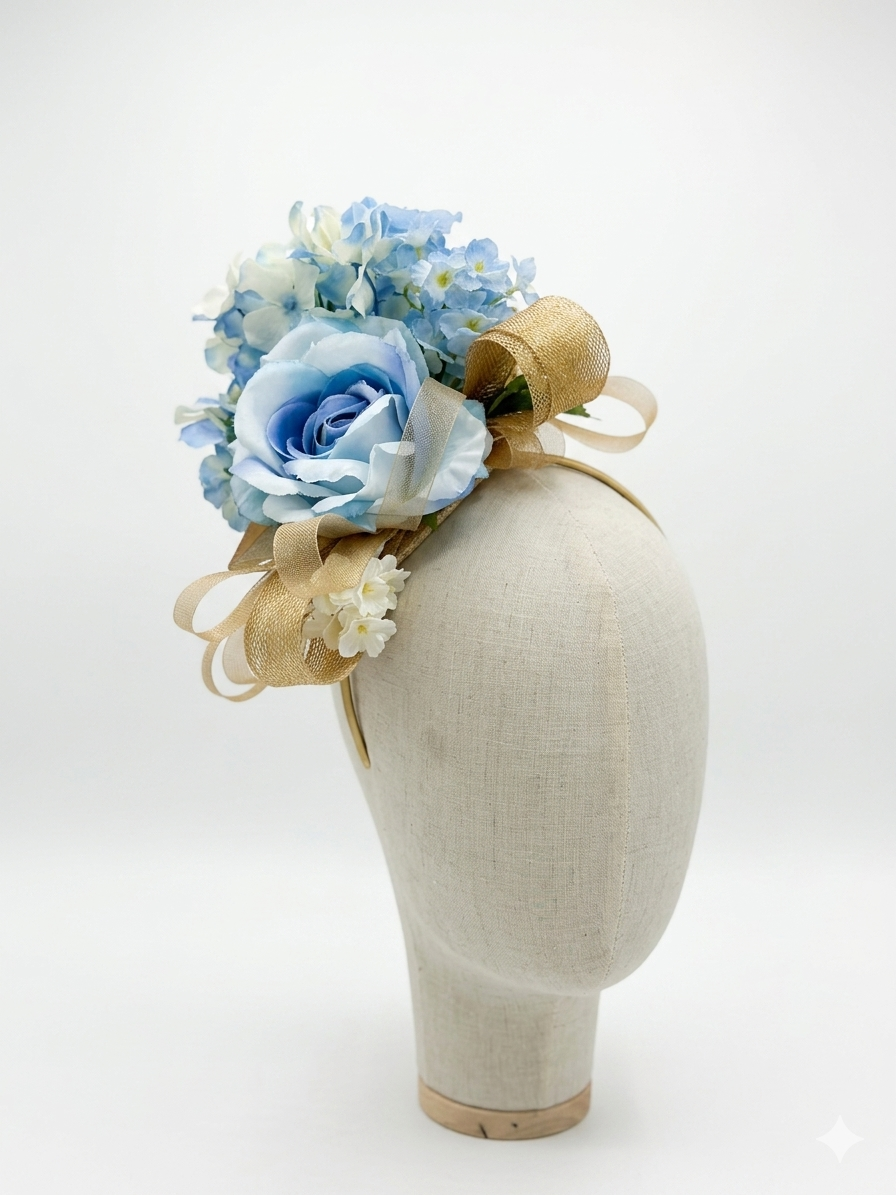 Floral headband with blue-white  hydrangeas and a rose wrapped in gold ribbon, fixed on a sinamay hat base 
