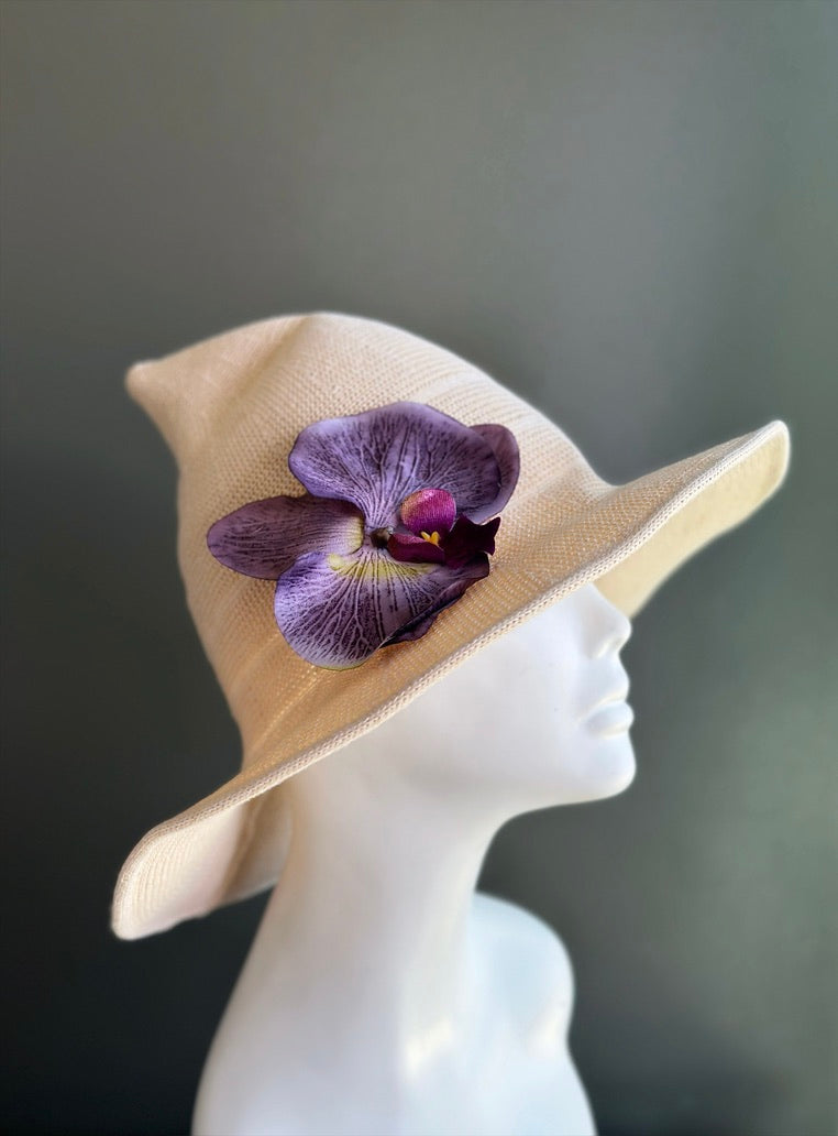 Cream Woolly Witch Hat with Purple Orchid