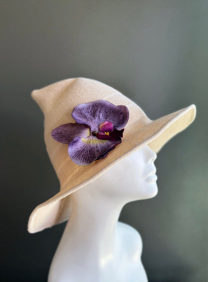Cream Woolly Witch Hat with Purple Orchid