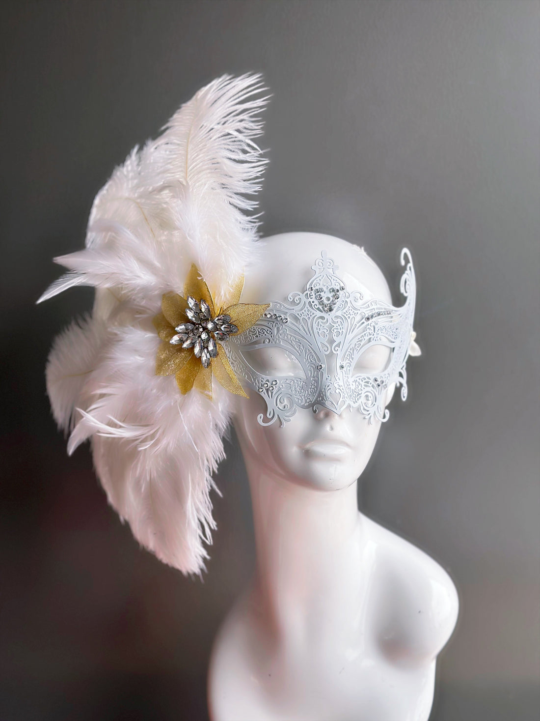 Frosted Gala - White Feather Metal Mask