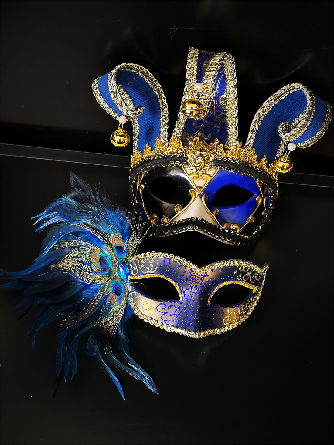Couples masquerade mask set in blue and gold.