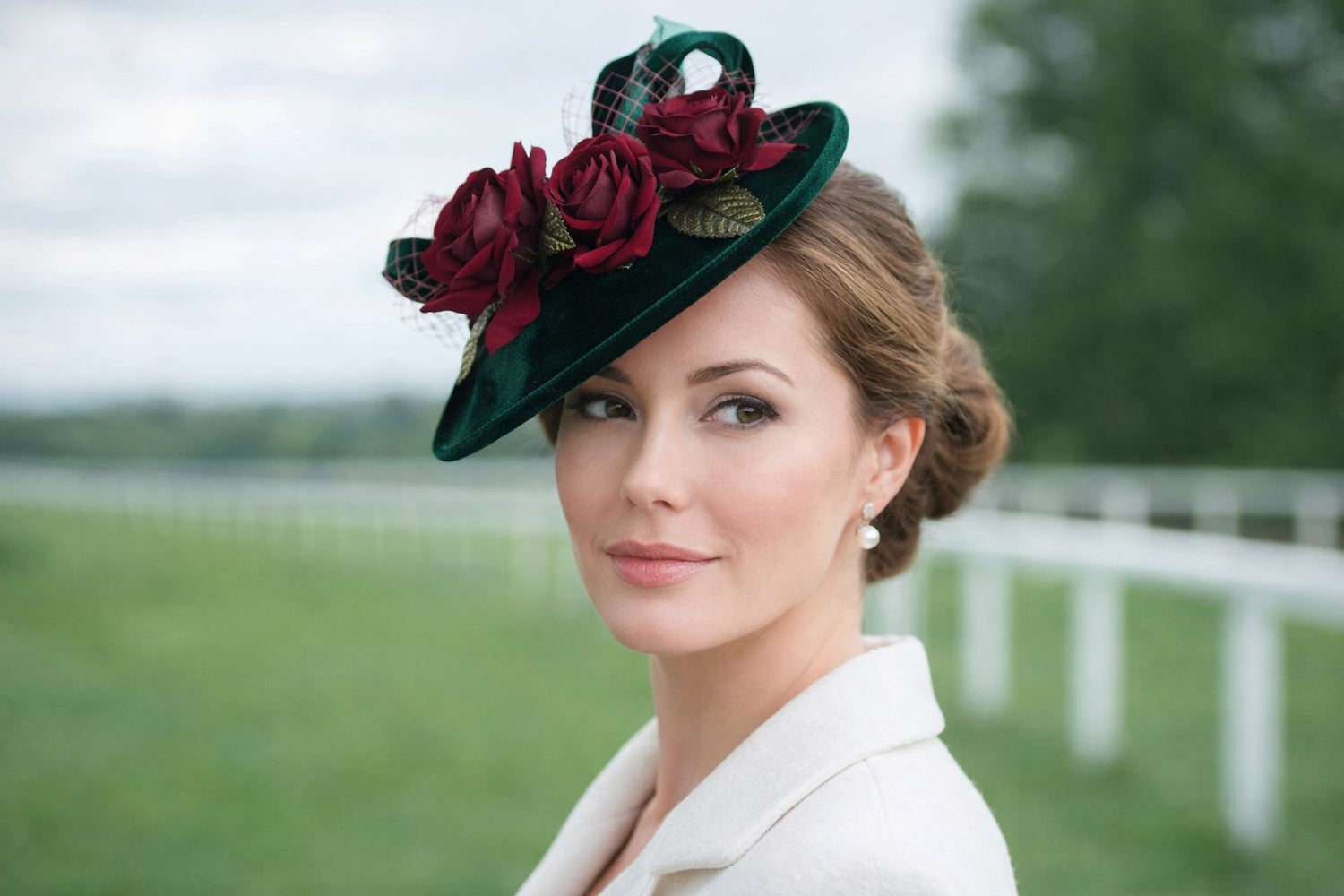 Green Velvet with Red Rose Fascinator Hat