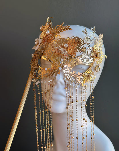 Gold Butterfly Masquerade Mask with Pearl Chain Fringe