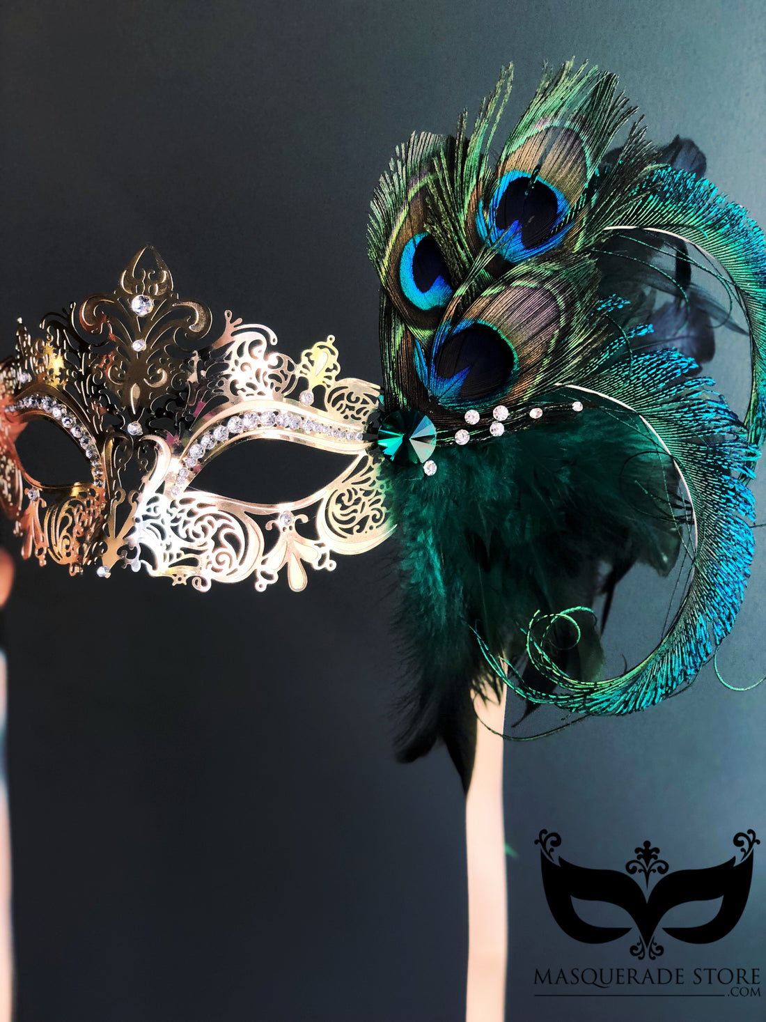 Elegant Venetian Handheld Mask - Gold Peacock