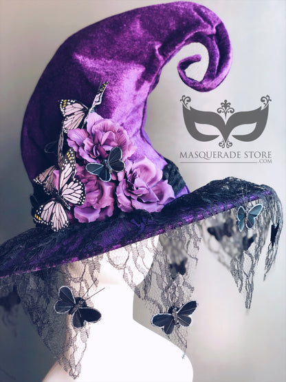 Purple Witch Hat with Lace and Butterflies
