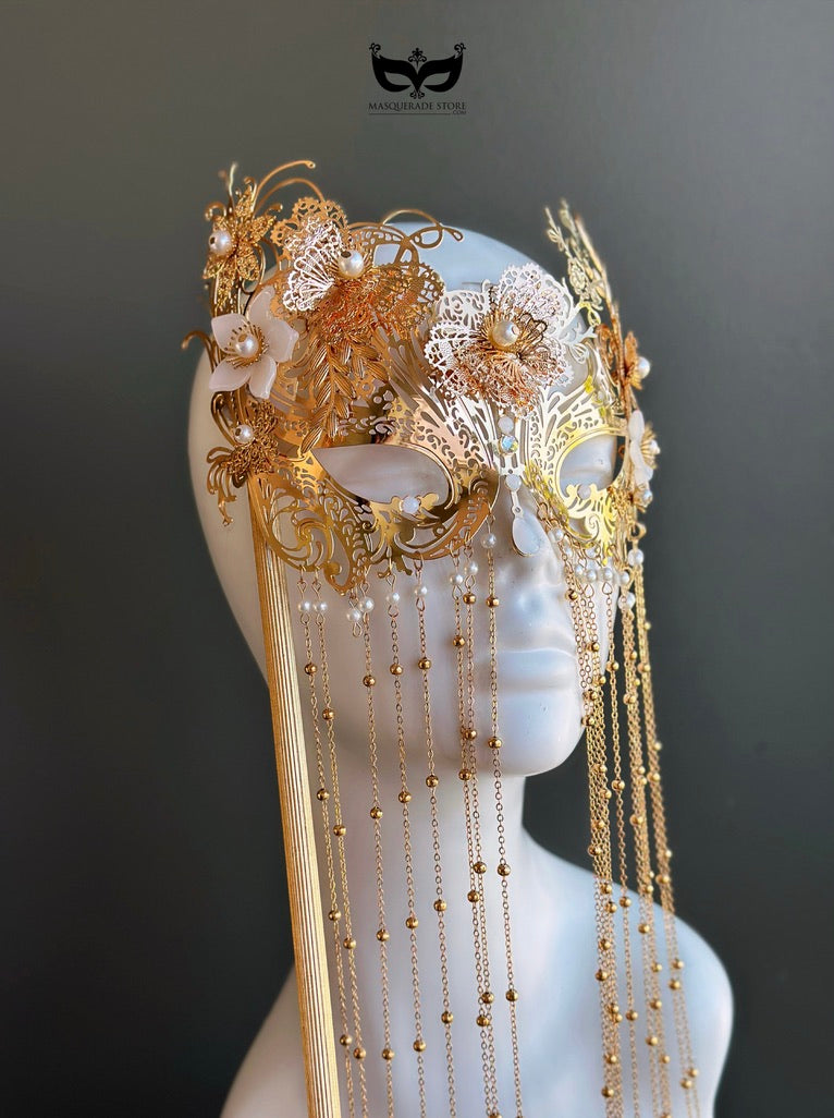 Gold Butterfly Masquerade Mask with Pearl Chain Fringe