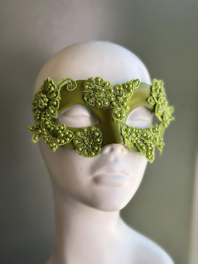Verdant Bloom - Olive Green Floral Lace Masquerade Mask