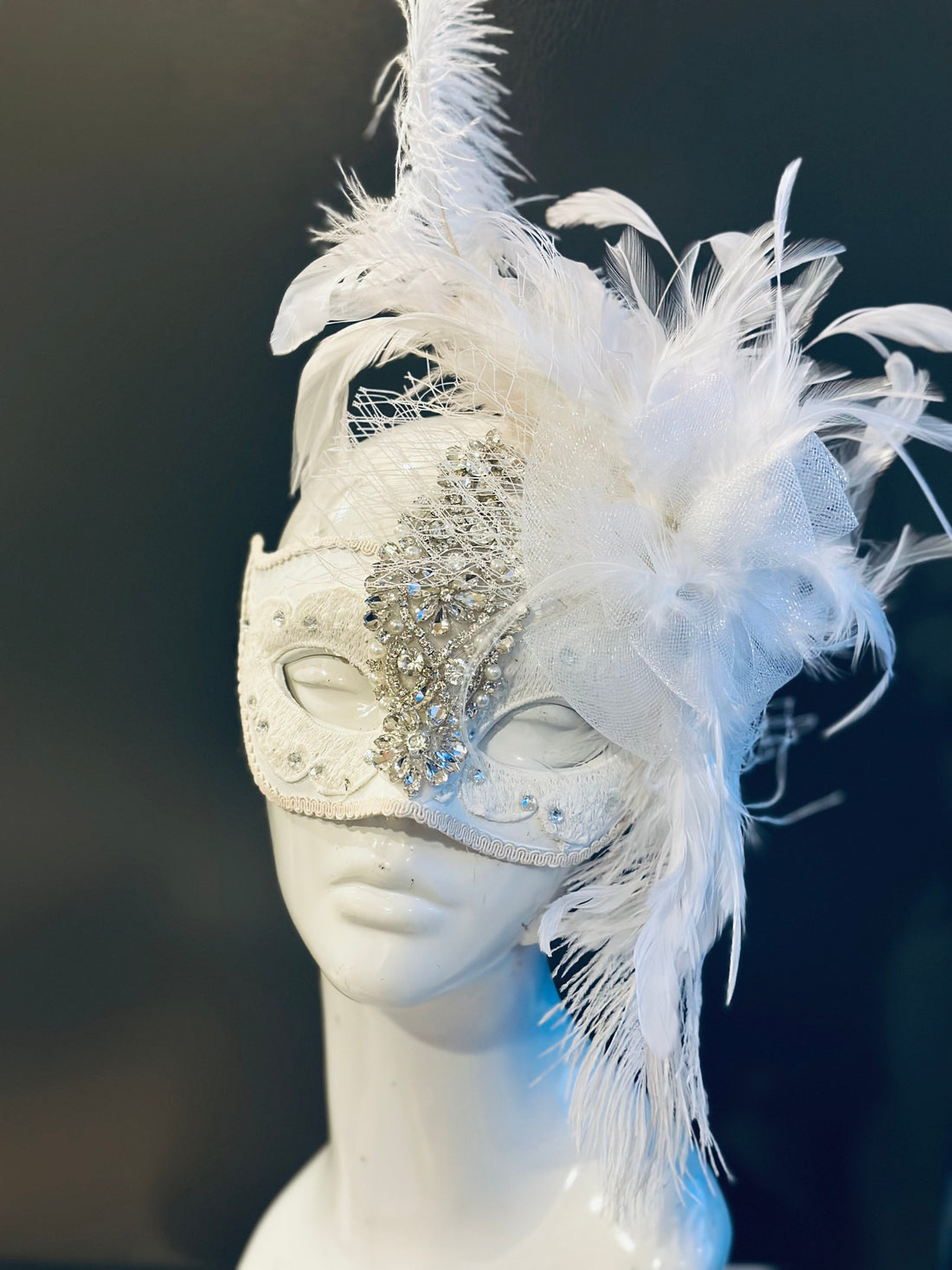 Jeweled &quot;Rani&quot; Mask - White Feather
