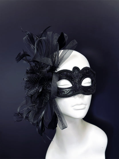 Gothic Lace &amp; Ribbon - Black Feather Mask