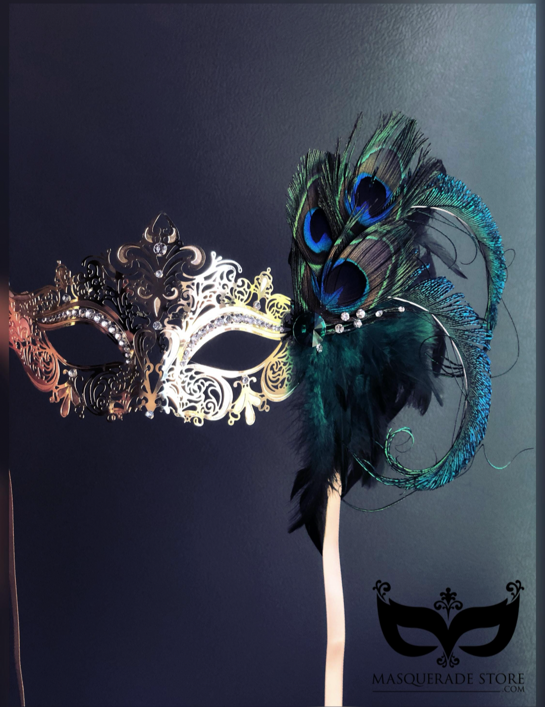 Elegant Venetian Handheld Mask - Gold Peacock