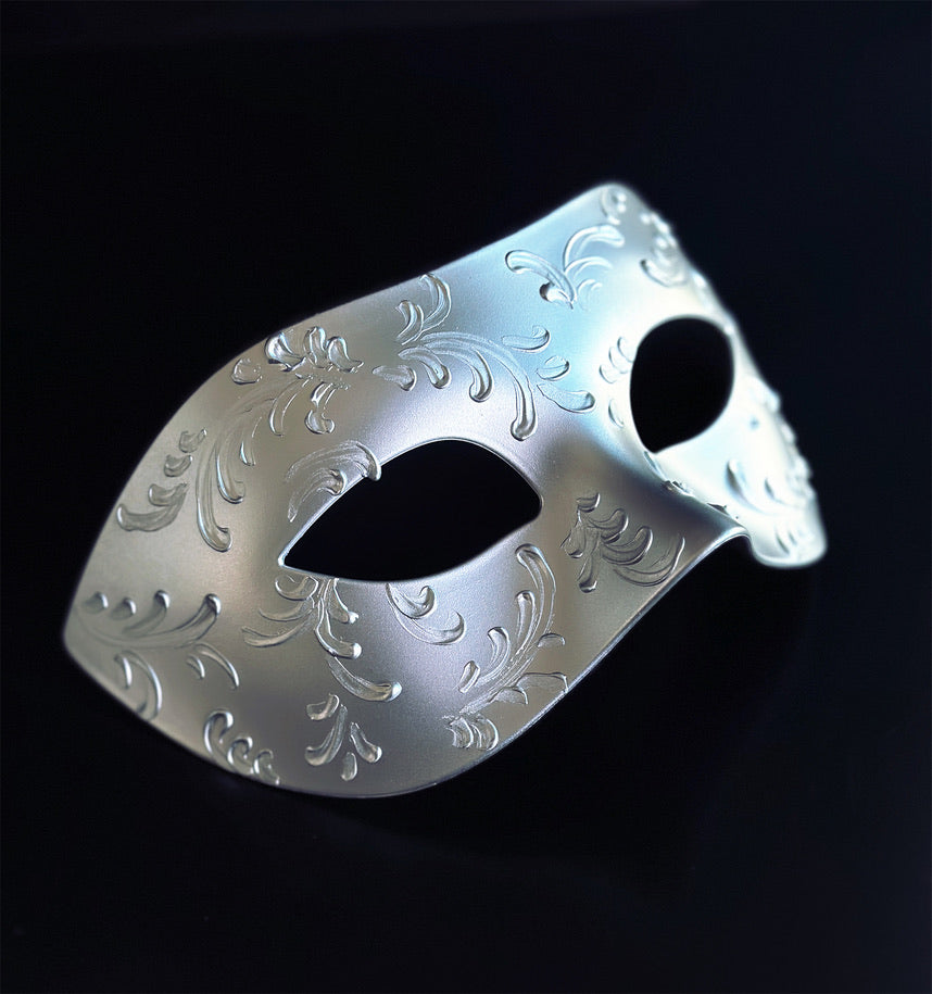 Mens Silver Masquerade Mask with Embossed Filigree