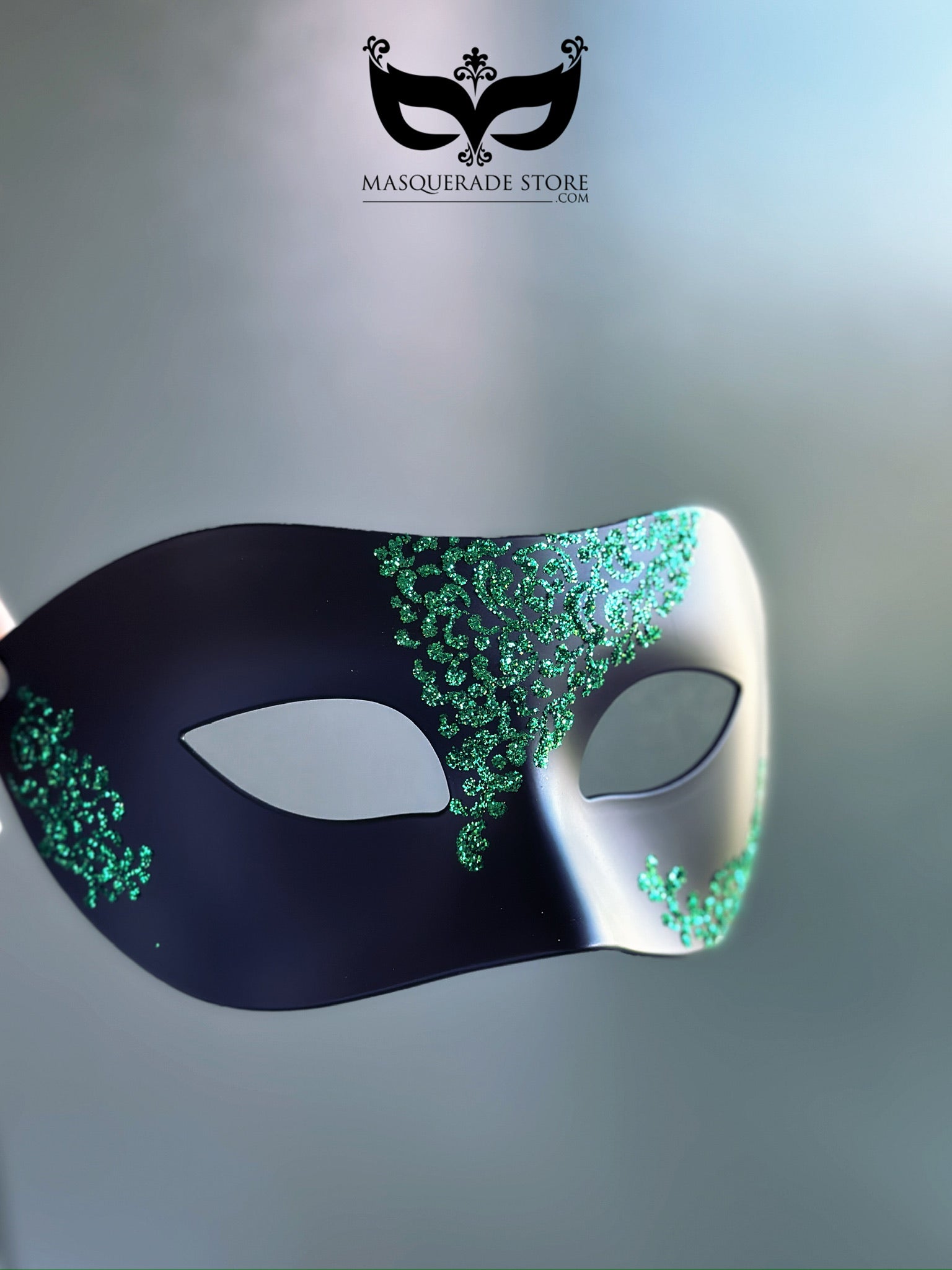 Mens Black Mask with Green Filigree