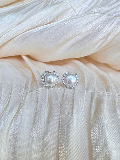 Ethereal Crescent Pearl Stud Earrings