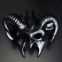 Black ram horn fantasy masquerade mask with sculpted curved horns and metallic black finish, designed for cosplay, Halloween costumes, gothic events, masquerade balls, theatrical productions, and fantasy-themed parties.