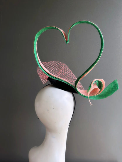 Pink and Green Heart Fascinator Hat