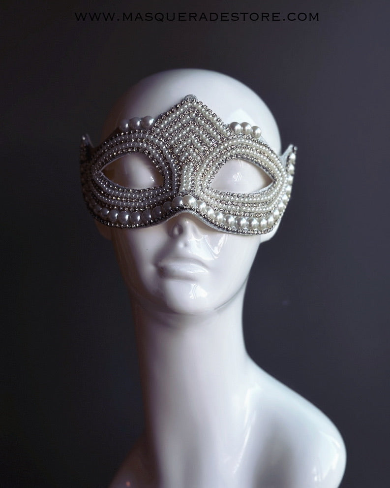 White Pearl Rhinestone Womens Masquerade Mask