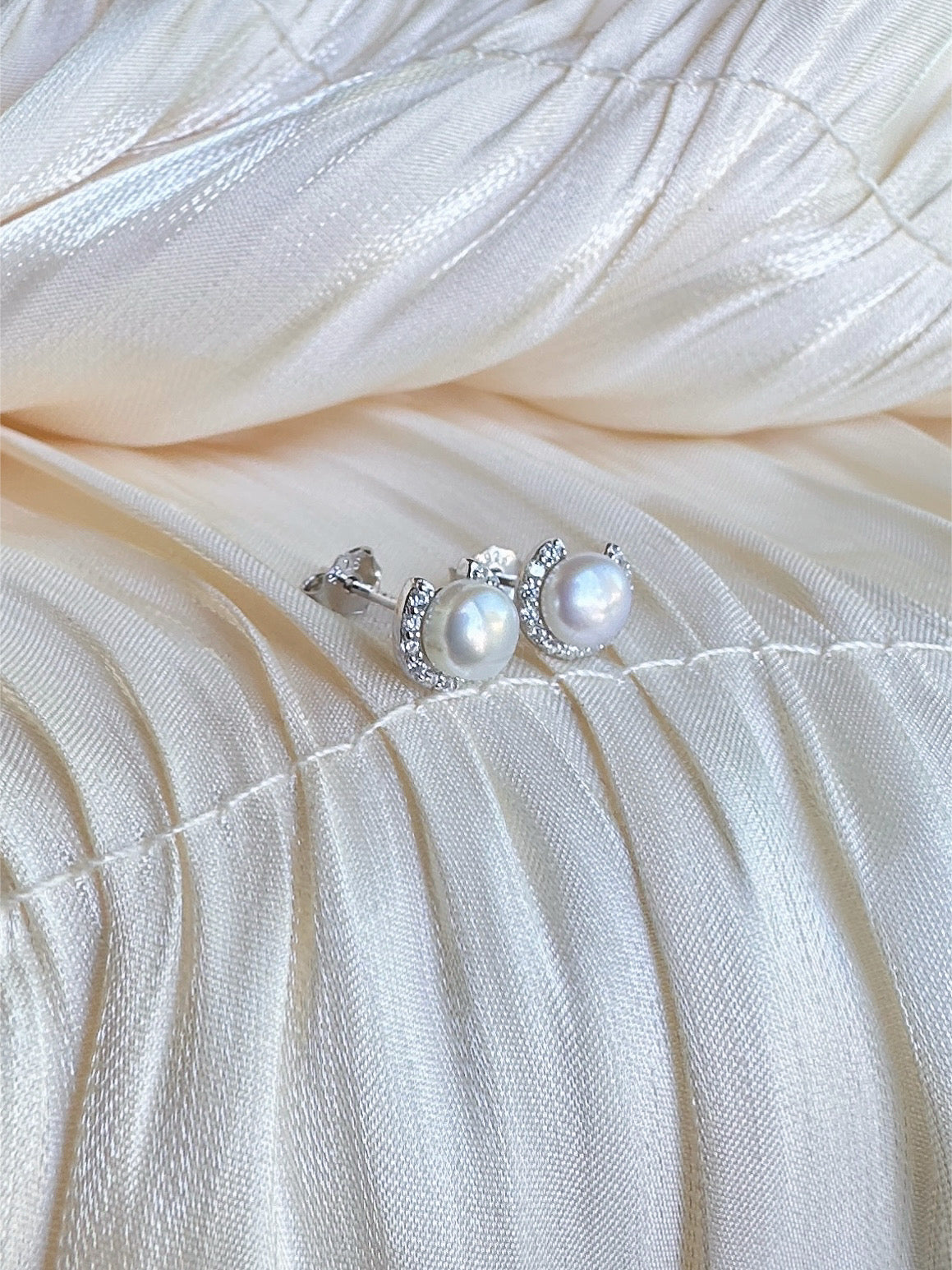 Ethereal Crescent Pearl Stud Earrings