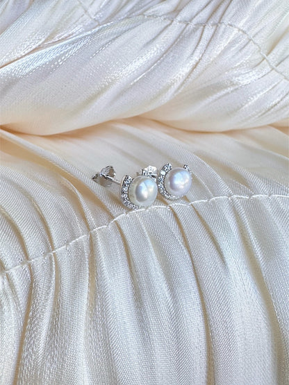 Ethereal Crescent Pearl Stud Earrings