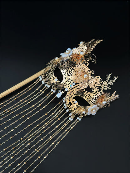 Gold Butterfly Masquerade Mask with Pearl Chain Fringe