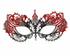 This red black metal masquerade mask features a Venetian-inspired filigree silhouette with open scrollwork, rhinestone accents, and ribbon ties.