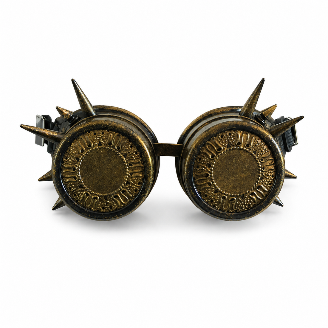 Antique bronze Irongear steampunk goggles with large round eyepieces, embossed mechanical detailing, adjustable straps, and pointed spike accents.