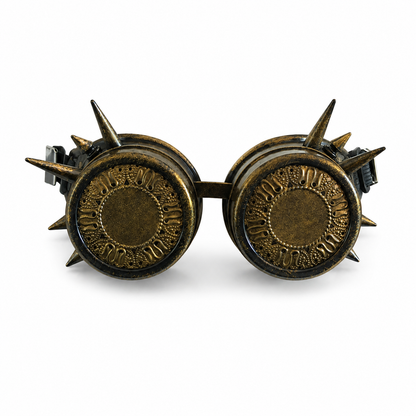 Antique bronze Irongear steampunk goggles with large round eyepieces, embossed mechanical detailing, adjustable straps, and pointed spike accents.