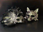 Antique gold and green couple masquerade mask set with wolf mask and feather lace mask for masquerade events.