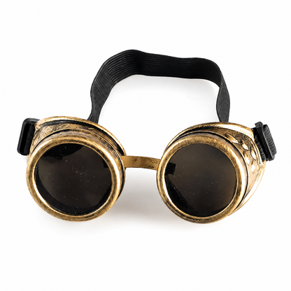 Antique gold Golden Foundry steampunk goggles with dark round lenses, distressed metallic frames, decorative side vents, and adjustable black strap.