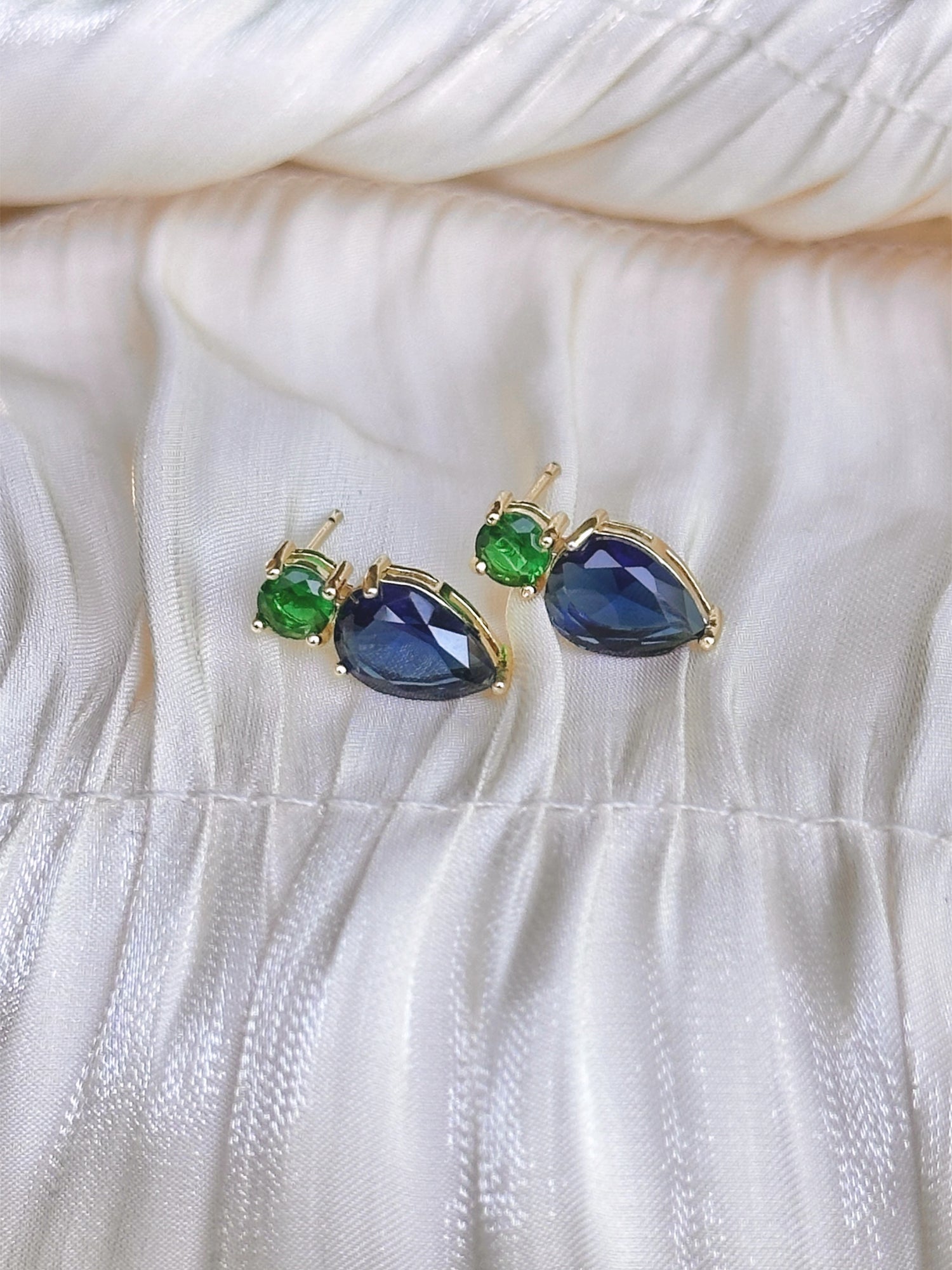 Emerald &amp; Sapphire Drop Stud Earrings