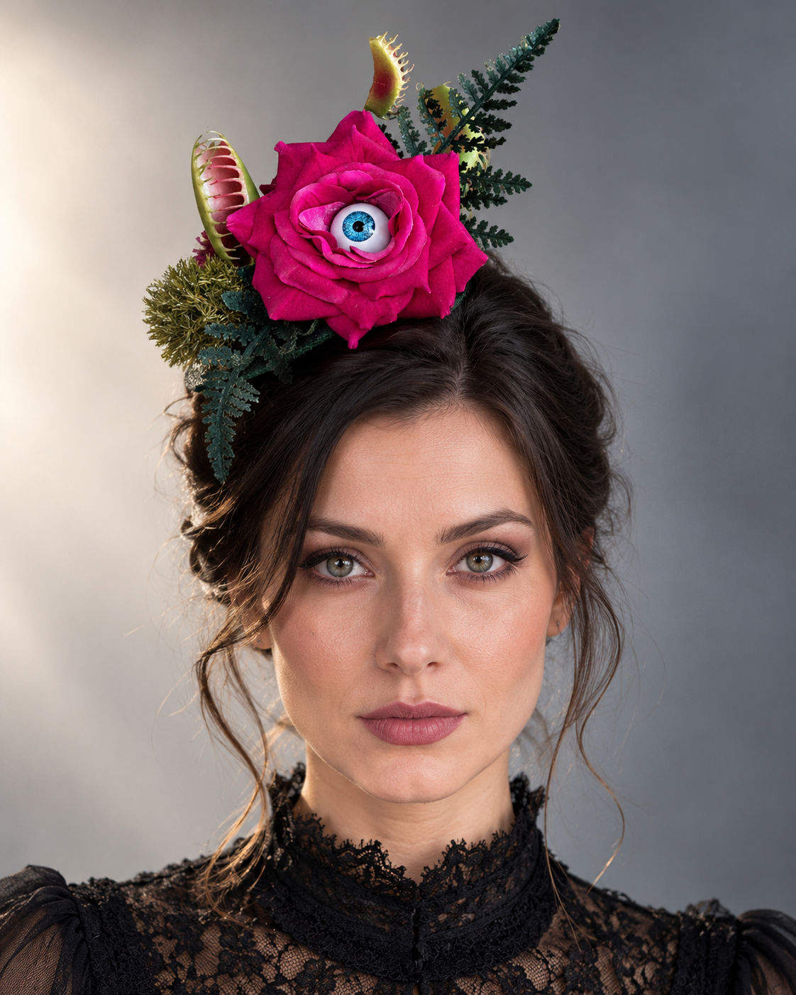 Bewitched Rose Fascinator with fuchsia pink rose, blue eyeball centerpiece, miniature Venus flytraps, green foliage, and slender headband.