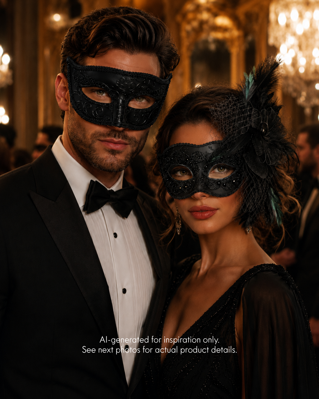 
Couples masquerade mask set in black featuring a men’s Phantom-style mask and a women’s feather Venetian-inspired mask with rhinestone accents for formal masquerade styling.
