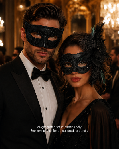 
Couples masquerade mask set in black featuring a men’s Phantom-style mask and a women’s feather Venetian-inspired mask with rhinestone accents for formal masquerade styling.
