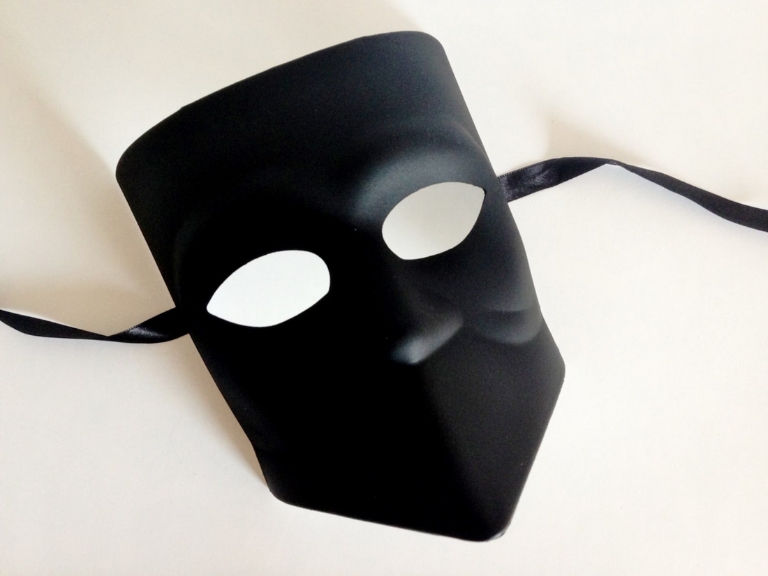 Black Venetian Bauta masquerade mask with square jaw design for Halloween, gothic cosplay, Carnival, and masquerade balls.