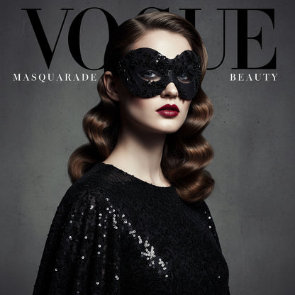 Black masquerade mask with sequin and bead detailing.