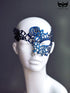 Black and blue lace masquerade mask with gothic detailing for women’s masquerade ball, prom, or Halloween party.