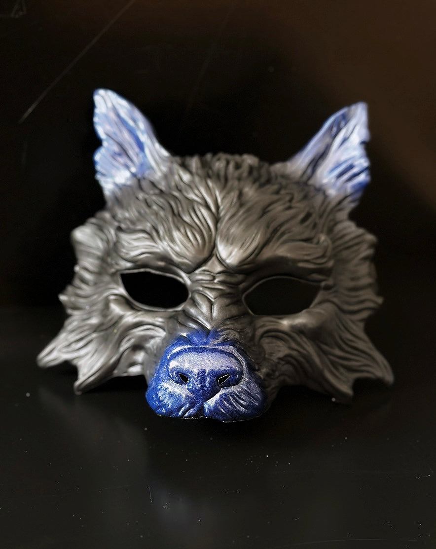 Black and blue wolf masquerade mask with sculpted details for costume and cosplay events.