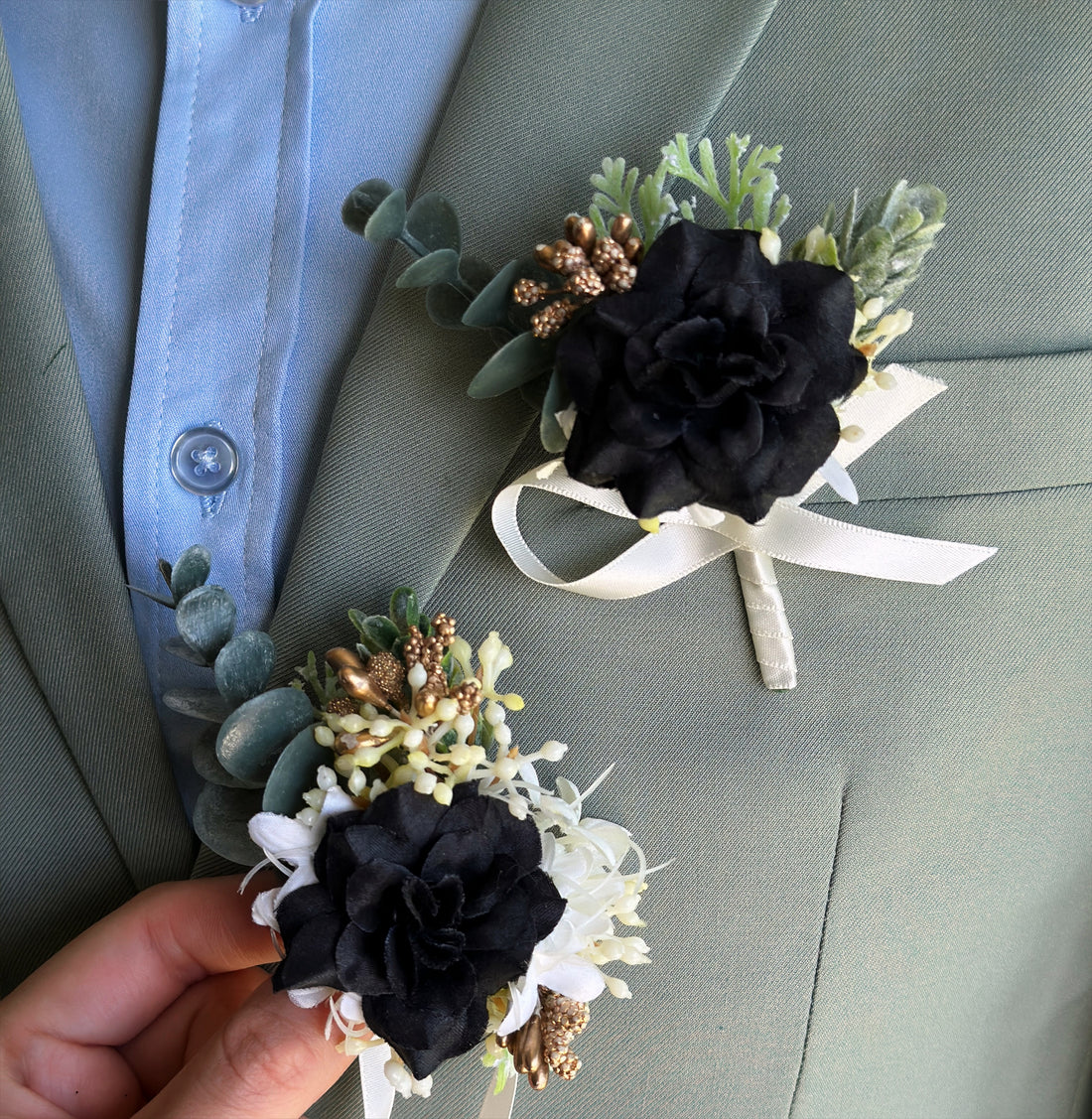 Black rose boutonniere and corsage set with ivory floral accents for weddings, prom, and black tie formal events.
