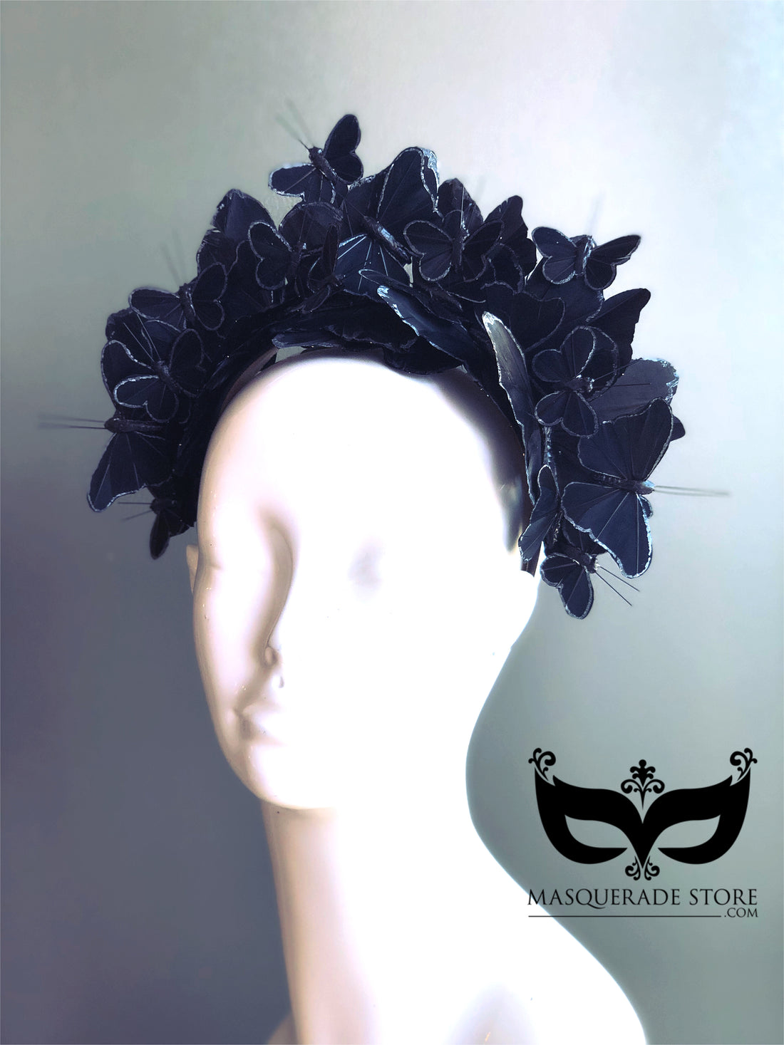 Black butterfly crown headband with layered butterflies, perfect for gothic costumes, cosplay, and fantasy festivals.