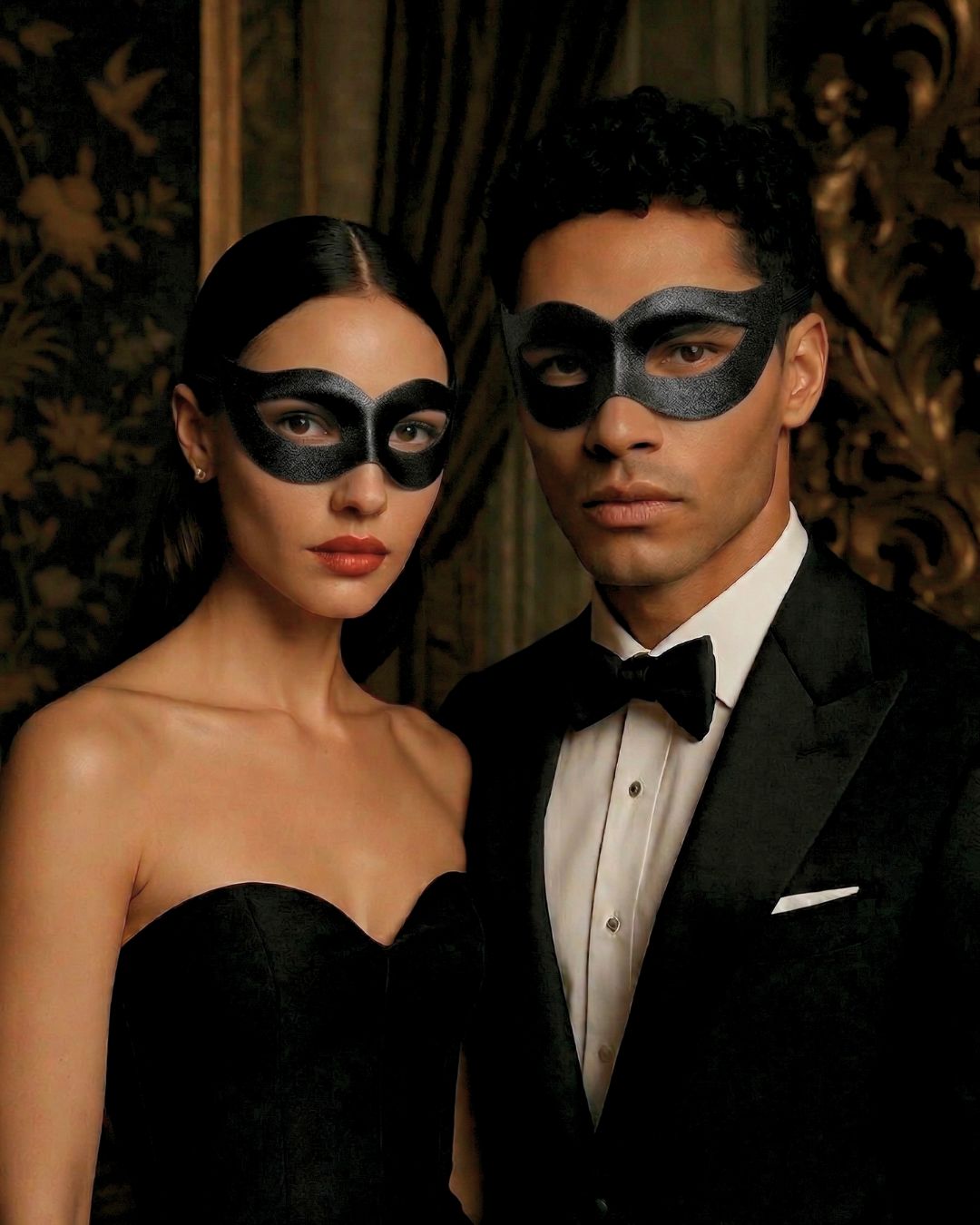 Coordinated black masquerade masks for stylish couples at a formal ball
