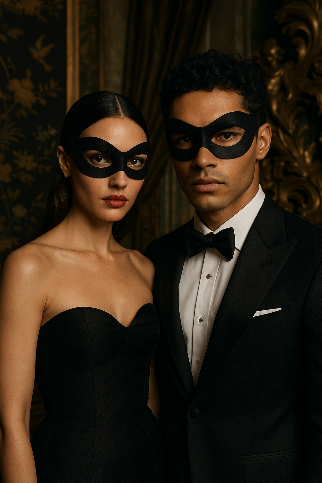 Coordinated black masquerade masks for stylish couples at a formal ball