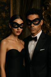 Coordinated black masquerade masks for stylish couples at a formal ball