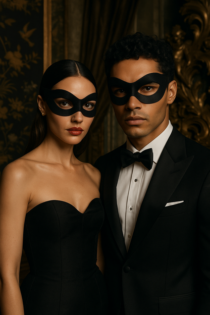 Coordinated black masquerade masks for stylish couples at a formal ball