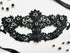 Black lace masquerade mask with black crystal rhinestones for moon ball and formal gala events.