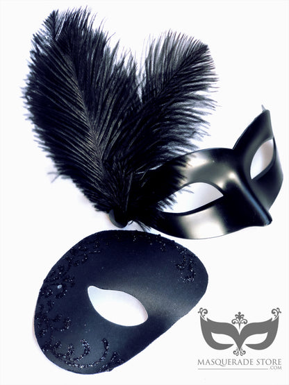 Black Venetian couples masquerade masks featuring a dramatic feathered mask for women and a glitter-accented mask for men, perfect for elegant balls and themed parties.

